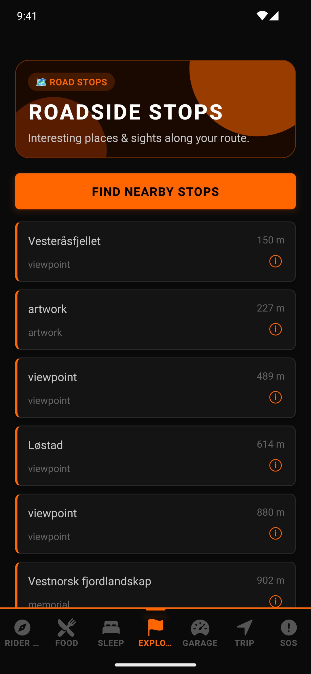Vejstop-skærm — interessante steder og seværdigheder langs ruten